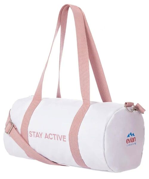 Evian エビアン スポーツバッグ ナチュラルミネラルウォーター ホワイト ピンク ショルダーストラップ付き ダッフルバッグ