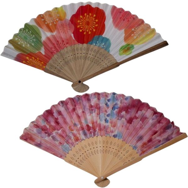 まとめ売り 扇子 2点セット 竹製 ピンク シンプル 夏 レディース 浴衣 着物 和装 お祭り 水彩画風 花柄 カラフル 21cm