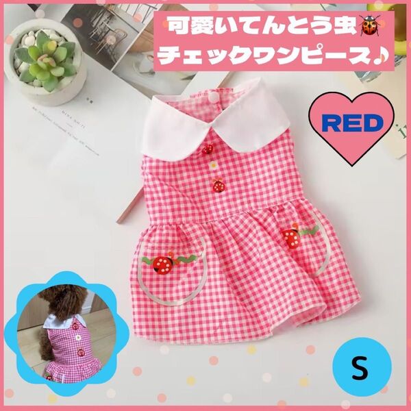 犬 服 ワンピース 夏 小型犬 チェック てんとう虫 薄手 小型犬 ピンク S