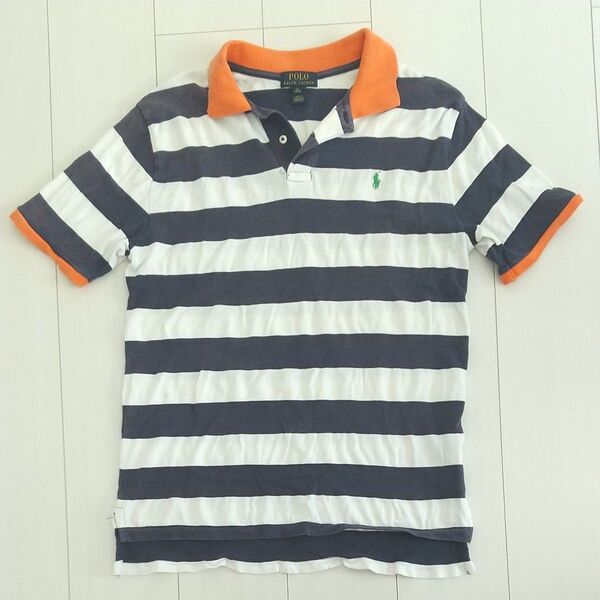 NY正規店購入! ポロラルフローレン ボーダー ポニー 半袖ポロシャツ boysXL メンズML程 紺白オレンジ POLO