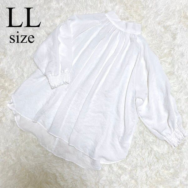 レディース トップス シャツ ブラウス 5部袖 ハイネック 白 シースルー ゆったり XL LL 美品 HKWORKSLONDON