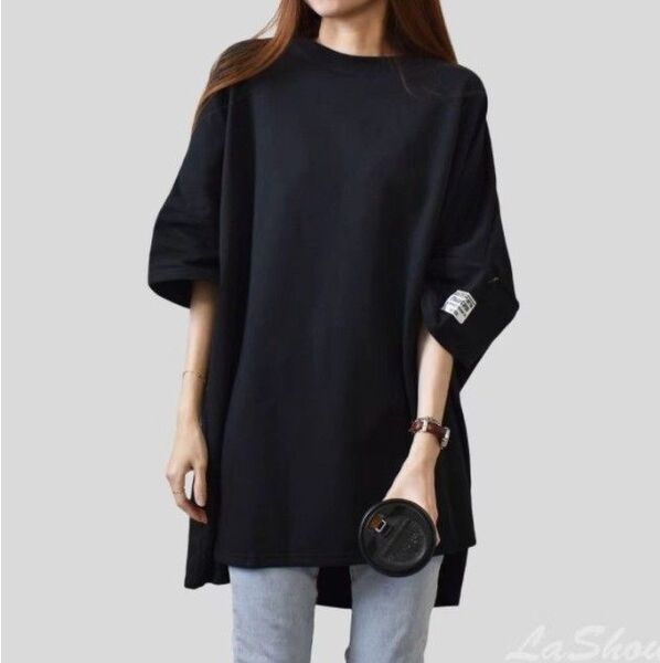 【ブラック】オーバーサイズ ロング丈 半袖 黒 ラウンドネック tシャツ ゆったり おしゃれ 無地 シンプル ドロップショルダー