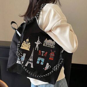 ストラップ付き ブラック トートバッグ 刺繍 黒 ブラック ボールアンドチェーン バレエ ナイロン 刺繍 ショルダーベルト付き