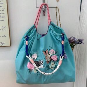 ストラップ付き トートバッグ ボールアンドチェーン エコバッグ ショルダーベルト付ネコ 猫 ねこ 刺繍 ブルー おしゃれ