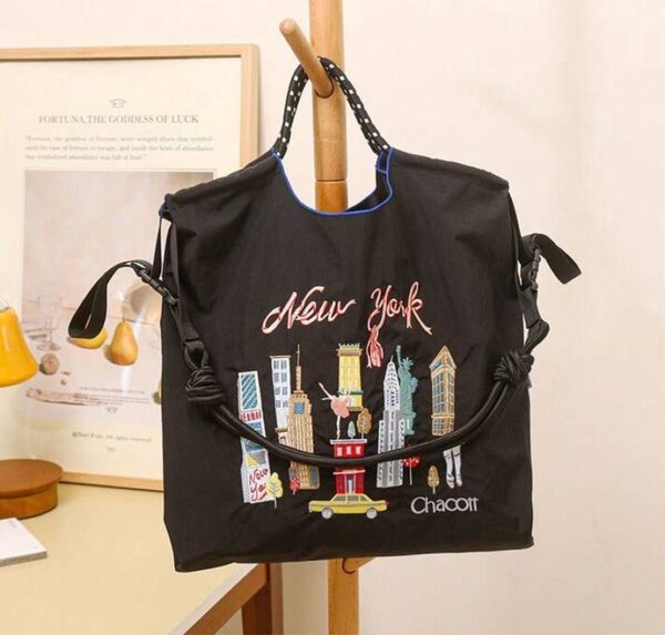 ストラップ付き トートバッグ エコバッグ ショルダーベルト付き 刺繍 黒 ブラック ナイロン 軽量 おしゃれ 夏 レディース
