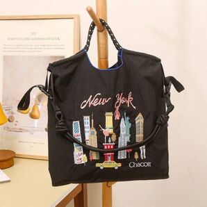 ストラップ付き ブラック エコバッグ 黒 大容量 軽量 刺繍 撥水 ショルダーベルト付き バレエ おしゃれ 刺繍 トートバッグ