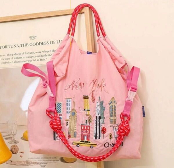 ストラップ付き トートバッグ エコバッグ バレエ ボールアンドチェーン 刺繍 ピンク ショルダーベルト付き ナイロン おしゃれ