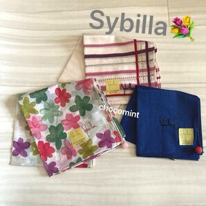 新品未使用《Sybilla シビラ》ハンカチーフ3枚セット♪フラワー ボーダー 30aniversarioプリント 30周年記念