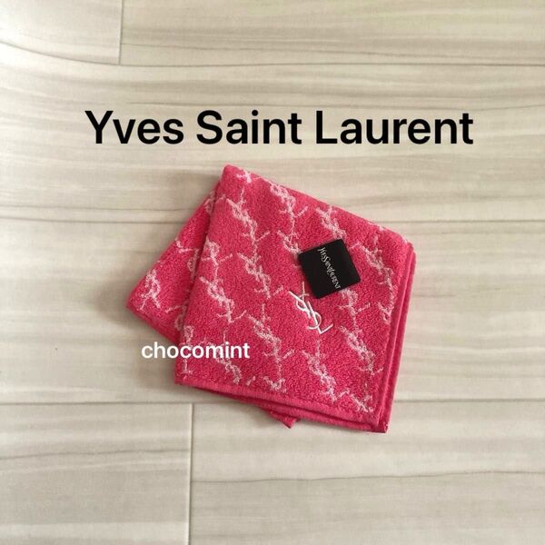 新品未使用♪イヴ・サンローラン/Yves Saint Laurent タオルハンカチ YSL 刺繍 ロゴデザイン 総柄 ピンク
