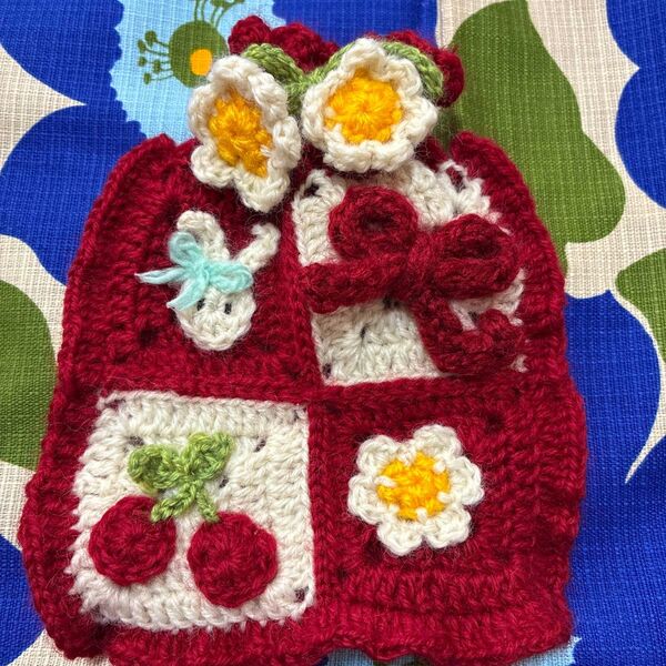 ハンドメイド 巾着 ポーチ 編み物 モチーフつなぎ