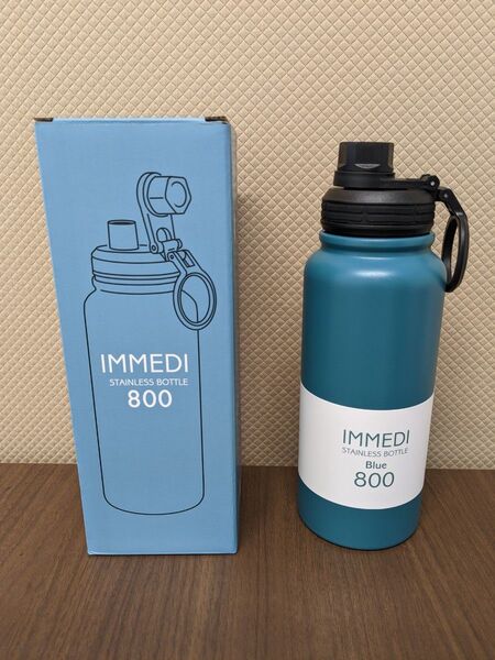 800ml ステンレスボトル 保温 保冷 IMMEDI BOTTLE ブルー 氷が入れやすい 広口 直飲み 取っ手付き 水筒