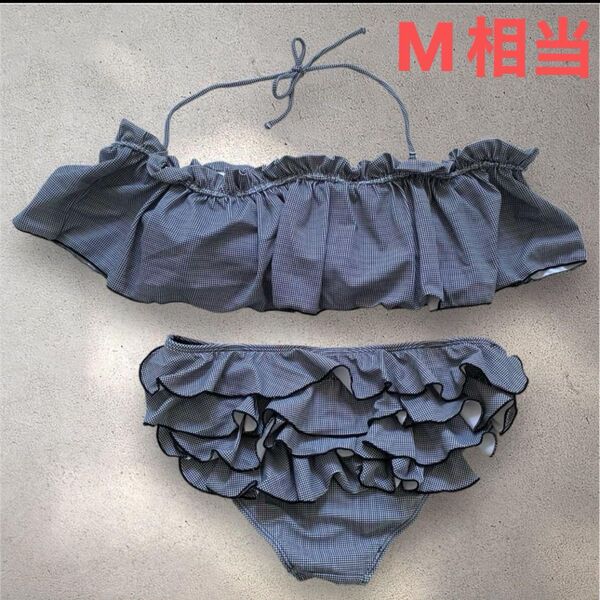 フリルビキニ 上下セット ギンガムチェック オフショルダー 水着 チェック柄 可愛い フリル