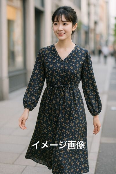 ROPE PICNIC 花柄ネイビーVネックワンピース ウエストリボン ロング