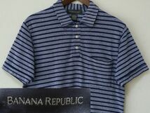 BANANA REPUBLIC USA 00s メンズ コットン インディゴ 藍染め糸 ボーダー カットソー 半袖 シャツ ポロシャツ US- M // オールド バナリパ_画像1