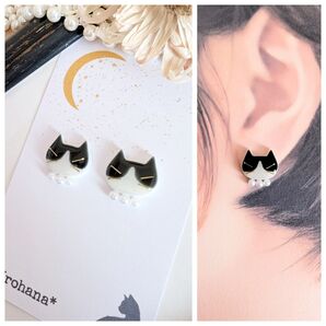 ふっくら ハチワレ猫 白黒 ピアス イヤリング