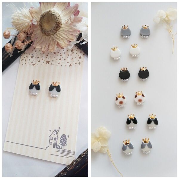 King×cat 王冠 ハチワレ猫 白黒 パール ピアス イヤリング