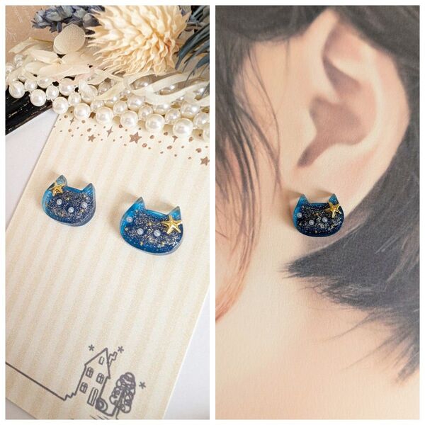 煌めく 星空 猫 ピアス イヤリング