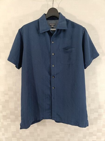 古着 VANHEUSEN 半袖ボタンシャツ 紺ネイビー ストライプ シンプル ポリエステル レーヨン 夏服 メンズシャツ