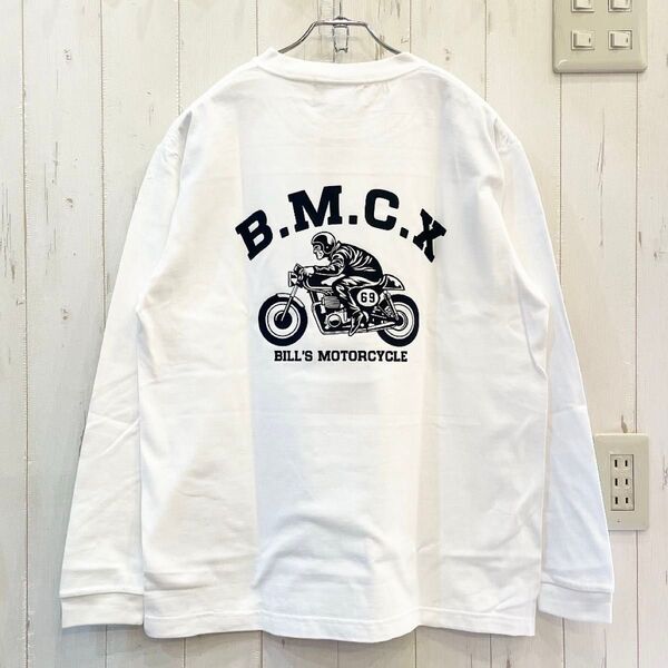 新品タグ付き BILLVAN ビルバン B.M.C.X ヘビーウェイト バイカーズプリント ロンT アメカジ ホワイト Lサイズ