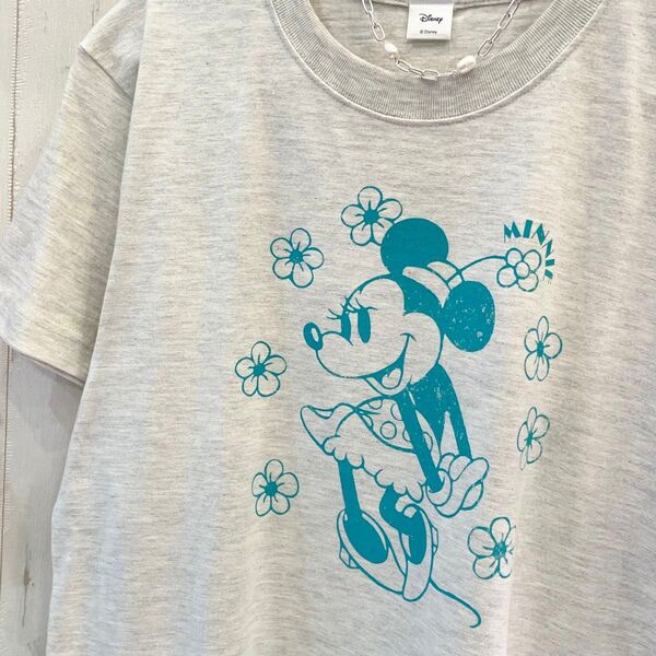 新品 Disney ディズニー ミニーマウス フラワープリント半袖Tシャツ 大人カジュアル ターコイズ Lサイズ