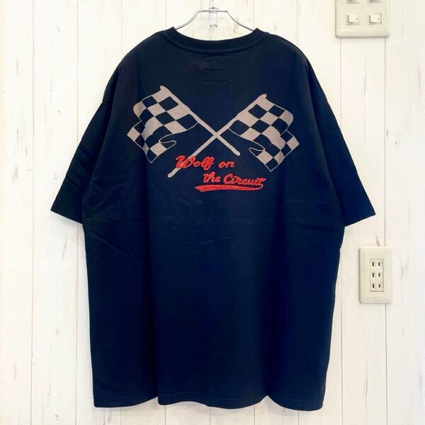 新品 80s 90sチェッカーフラッグ 刺繍 半袖Tシャツ バックプリント 黒 Mサイズ アメカジ 半袖