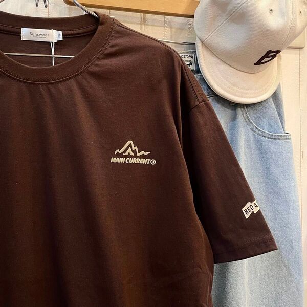 新品 アウトドア ロゴ ワンポイント イラストプリント クルーネック半袖Tシャツ Lサイズ ブラウン カジュアル