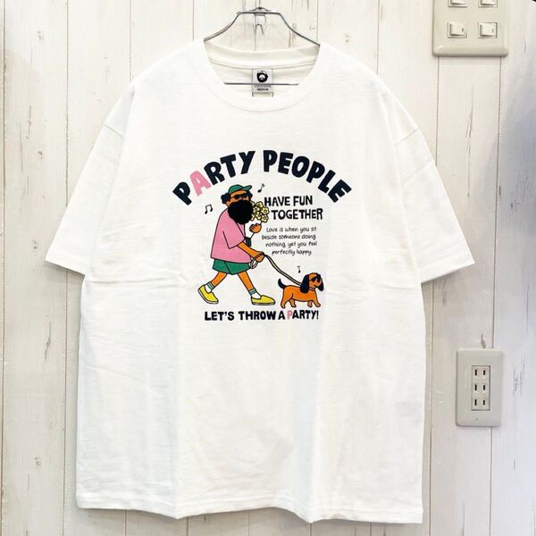 新品タグ付き おじさん イラスト サガラ刺繍 Tシャツ カジュアル ユニセックス Mサイズ ホワイト ペアルック◎プレゼントにも◎