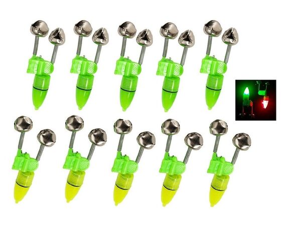 10セット入り 穂先ライトと鈴 釣り鈴 警報ベル 釣り竿用アラームベル ダブルの鈴の音 LEDライト電池付き 夜釣りや投げ釣り