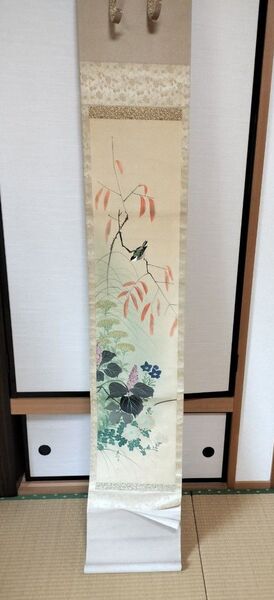 掛軸 春生 鳥 日本画 掛け軸 骨董品
