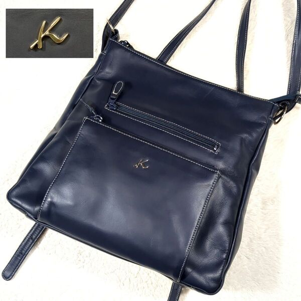 Kitamura2 キタムラ リュック バックパック ワンショルダーバッグ 肩掛け シルバーロゴ ネイビー レザー
