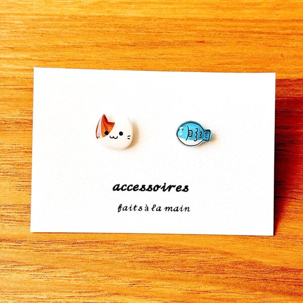 ハンドメイド ピアス 猫 魚