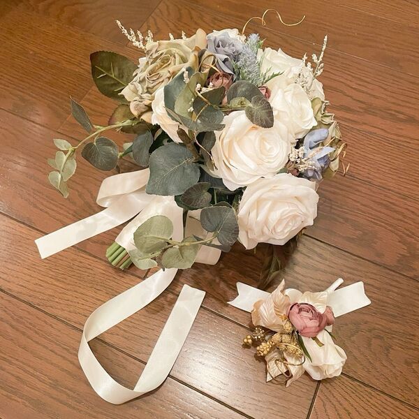 【DIY●花束 ウェディングブーケ & ブートニア 造花 ホワイト/中古】