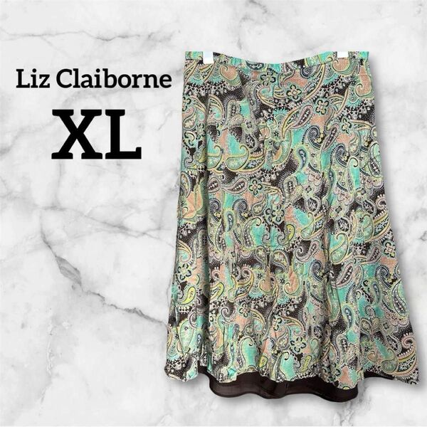 Liz Claiborne 【XL】ペイズリー柄フレアスカート ロング グリーン リズクレイボーン