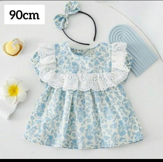 女の子 花柄 トップス 90cm カチューシャ ブラウス カットソー 子供服 シフォン チュニック