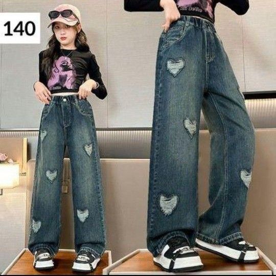 女の子 デニム パンツ 110cm 子供服 ハートデザイン ロングパンツ 韓国 海外子供服