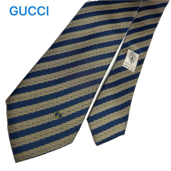 美品【GUCCI】シルク ネクタイ ネイビー ゴールド ロープ柄 イタリア製