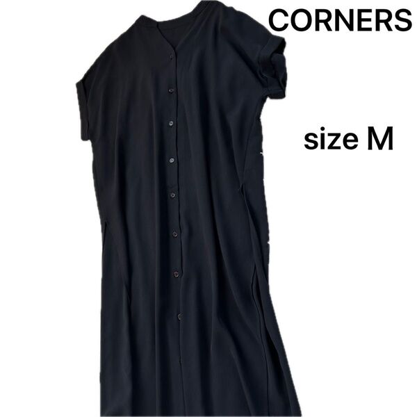 【CORNERS 】コーナーズ フレンチスリーブ スリット シャツワンピース ロング ワンピース スキッパー襟 バックタック 黒M