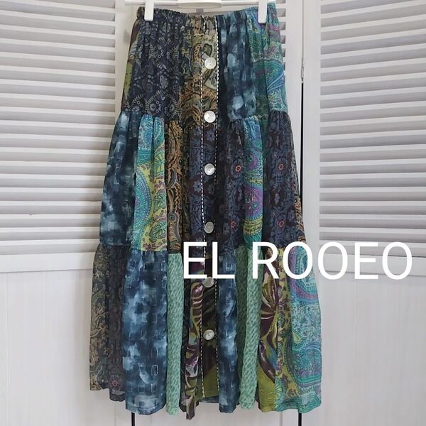 EL ROOEO パッチワーク フレアスカート エスニック マルチカラー ロングスカート ネイビー 柄スカート