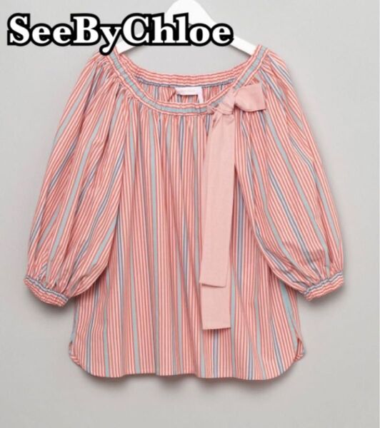 401★美品★SeeByChloe シーバイクロエ 半袖ブラウス ストライプ リボン コットン 38