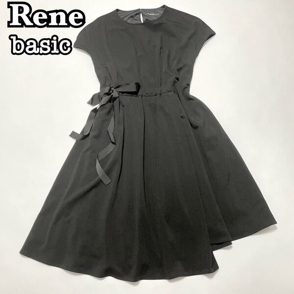 407★美品★近年モデル★ReneBasic ルネ ベーシック 半袖フレアワンピース ロング アシメトリー パール リボン 黒36