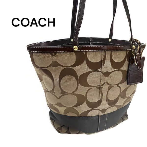 COACH コーチ トートバッグ シグネチャー ストライプ ボーダー レザー キャンバス ベージュ×ダークブラウン レディース