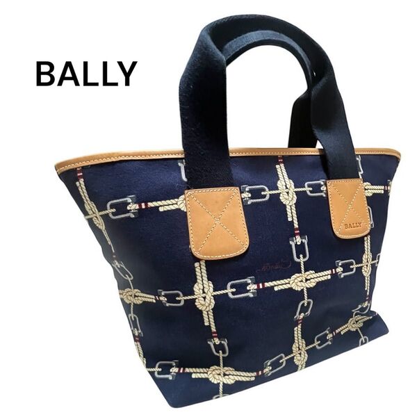 美品 正規品 BALLY バリー ミニトートバッグ ネイビー キャンバス×レザー コンパクト 軽量 レディース ロープ チェーン