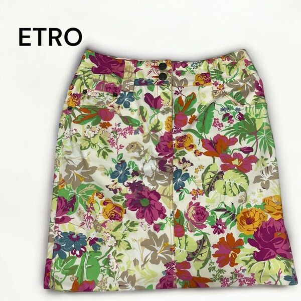 美品 ETRO エトロ タイトスカート 花柄 コットン ストレッチ 膝丈 サイズ40 裾スリット M相当 レディース ホワイト系