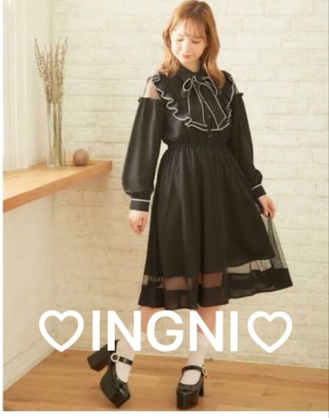 INGNI チュール重ねフリルボウタイ ワンピース 黒 リボン M 長袖ワンピース 可愛いフリル