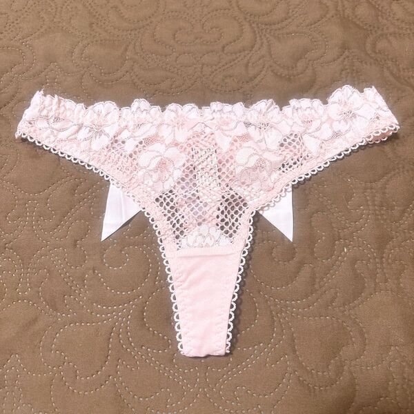 ピンク°C-ute刺繍レース透け感バックリボンTバックショーツ 女装 男性OK