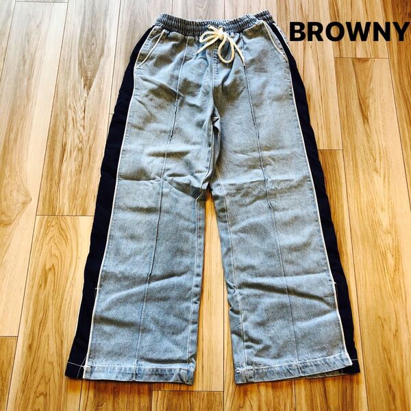 BROWNY 2トーン センタープレス サイドライン裾カット ワイドデニムパンツ