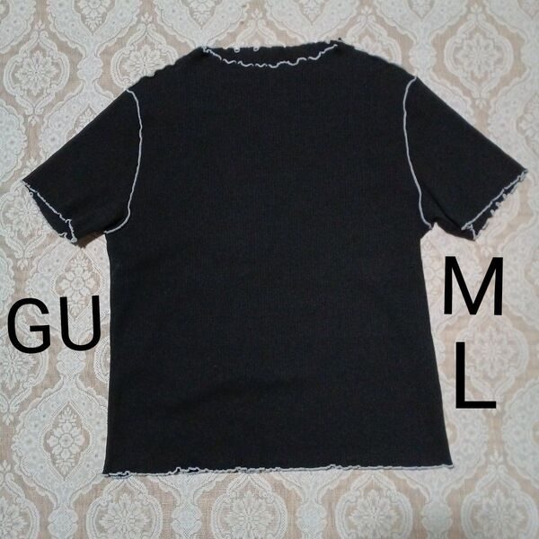 GU ジーユー リブメローコンパクトT バイカラー 半袖 Tシャツ 半袖Tシャツ トップス レディース ブラック L M