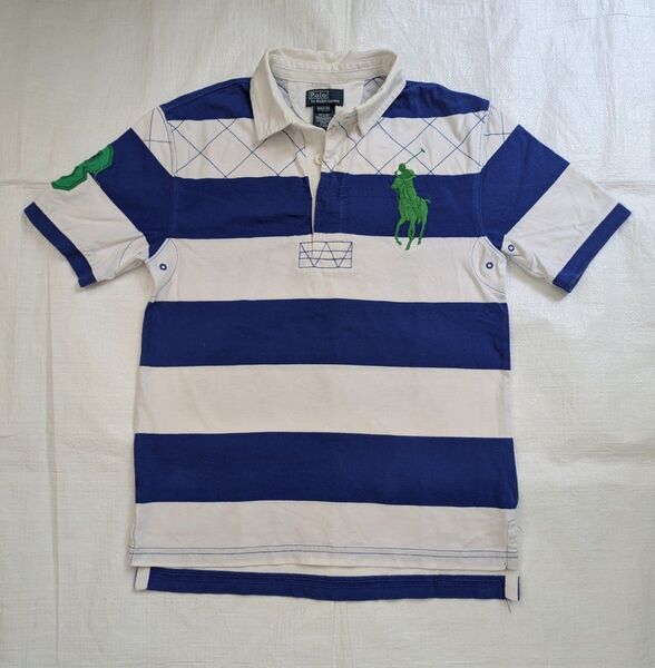 Ralph Lauren ラガーシャツ風 ポロシャツ 青白ボーダー ビッグポニー ラルフローレン M(10-12)