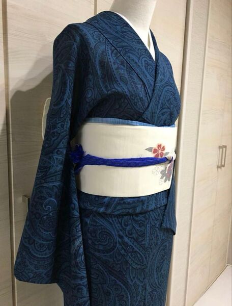 夏着物【小紋】 絽 正絹 藍色