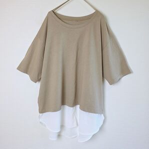 レディースレイヤード風 レディースカットソー レディース半袖Tシャツ 4Lサイズ 大きいサイズ レディースドッキング 異素材